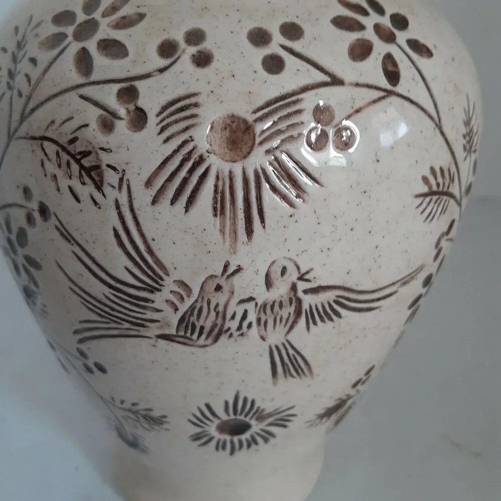 Student Art Hand Etched Pottery Urn With Lid, Mockingbirds Minimalist
